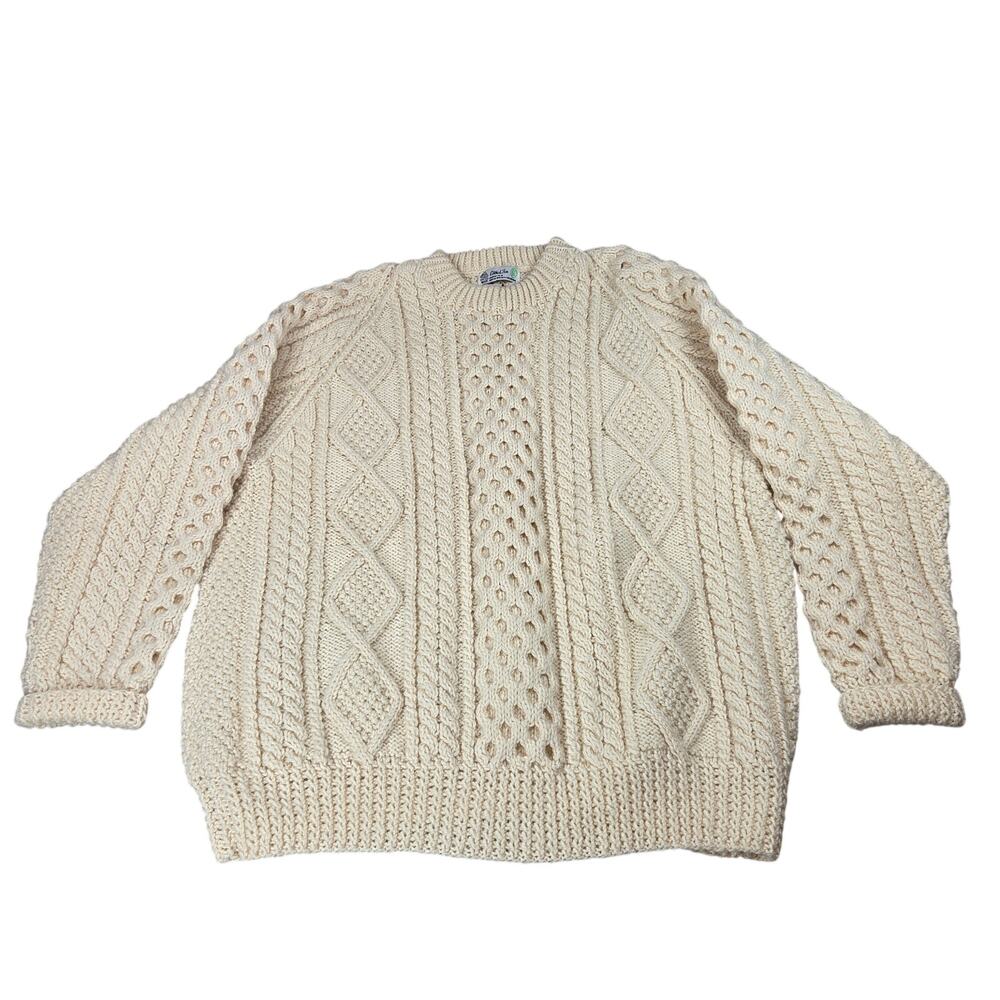 Carrick Fin Irish Aran Fisherman Sweater Wool Hand Knit Donegal XL Cream